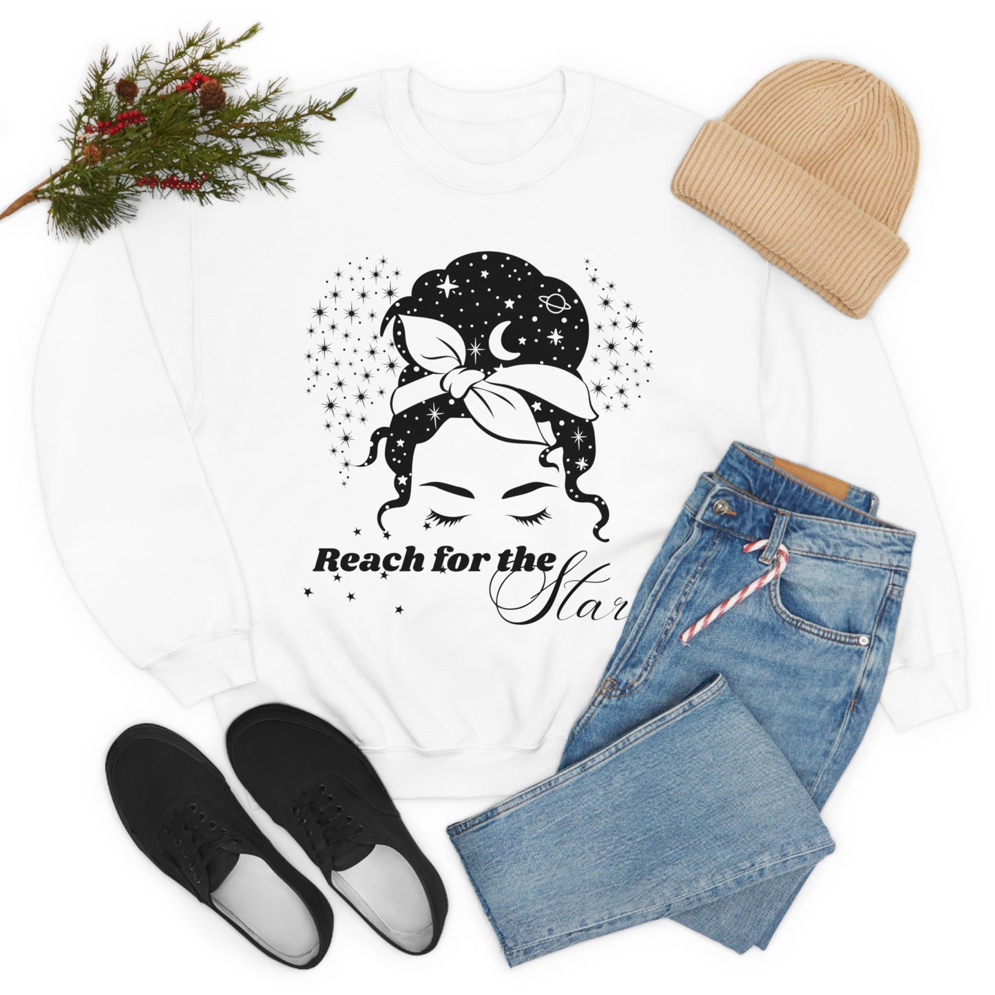 Reach for the Stars Messy Bun White Unisex Heavy Blend™ Crewneck Sweatshirt