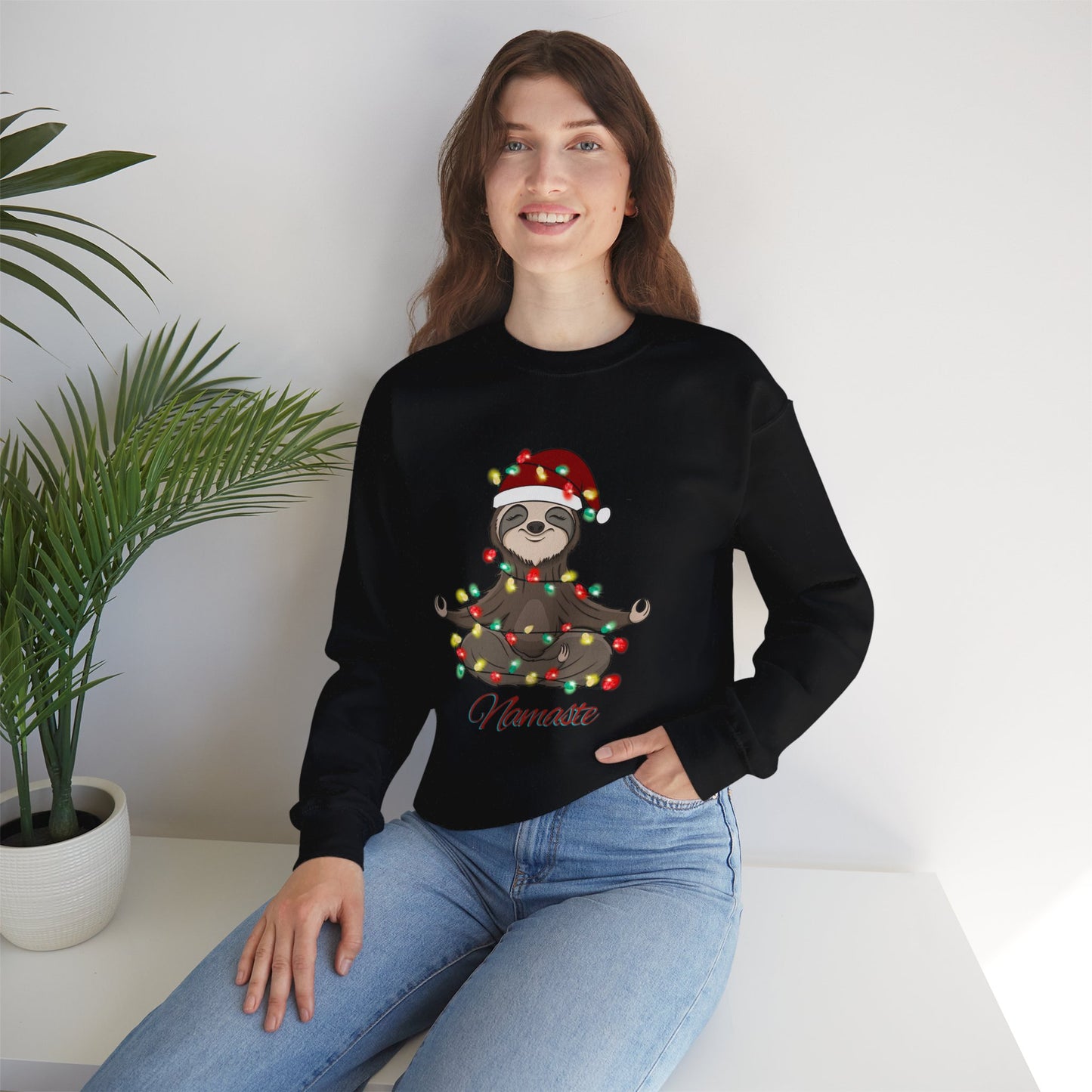 Christmas Sloth Lights Namaste Crewneck Sweatshirt