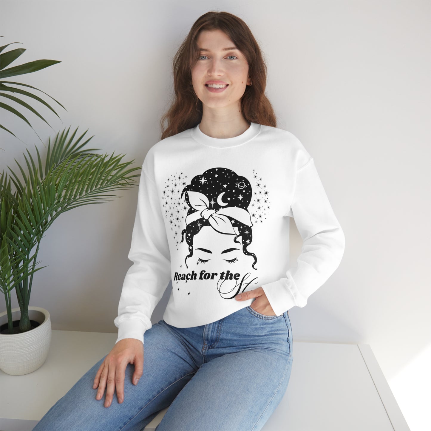 Reach for the Stars Messy Bun White Unisex Heavy Blend™ Crewneck Sweatshirt