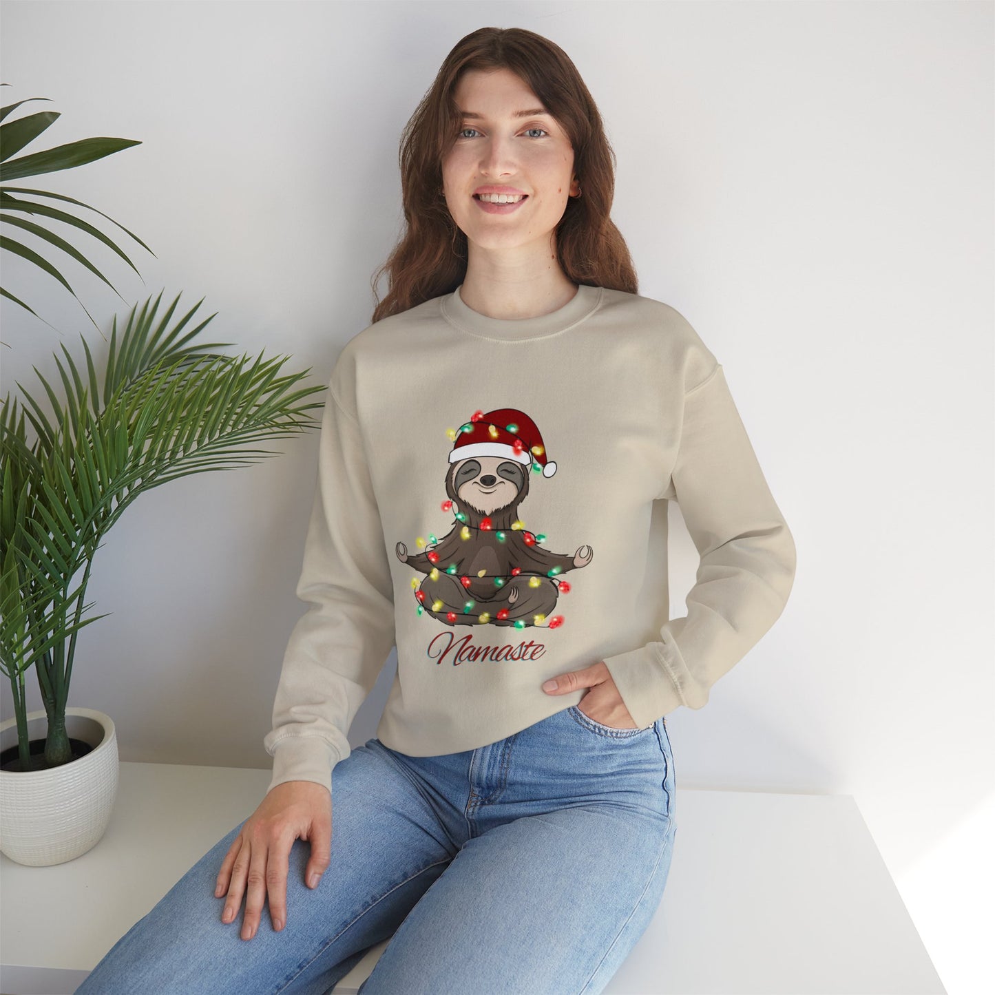 Christmas Sloth Lights Namaste Crewneck Sweatshirt