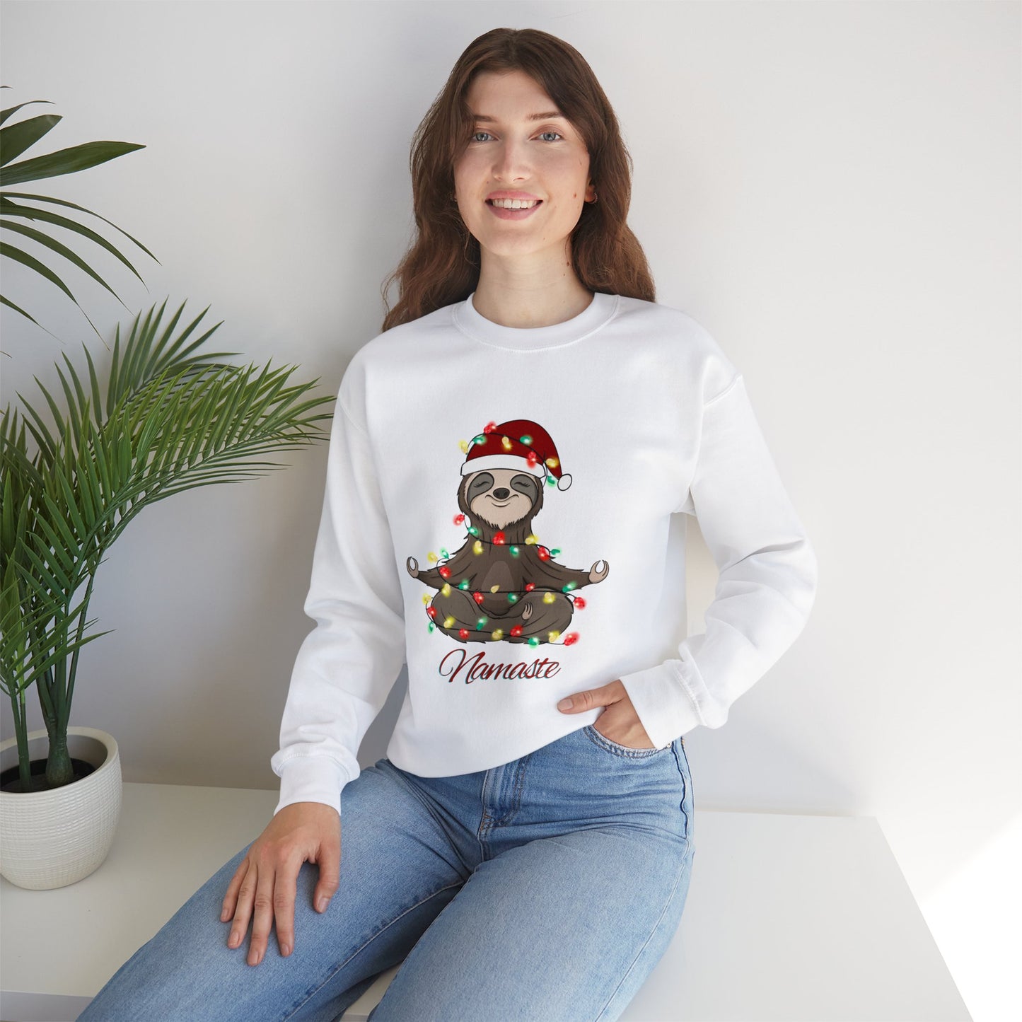 Christmas Sloth Lights Namaste Crewneck Sweatshirt