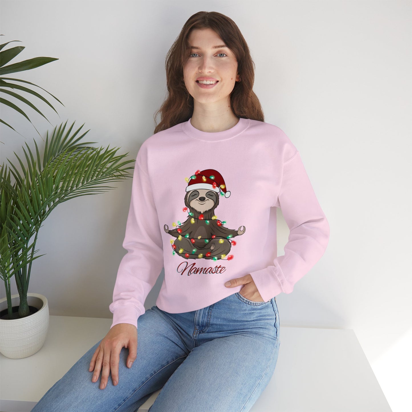 Christmas Sloth Lights Namaste Crewneck Sweatshirt