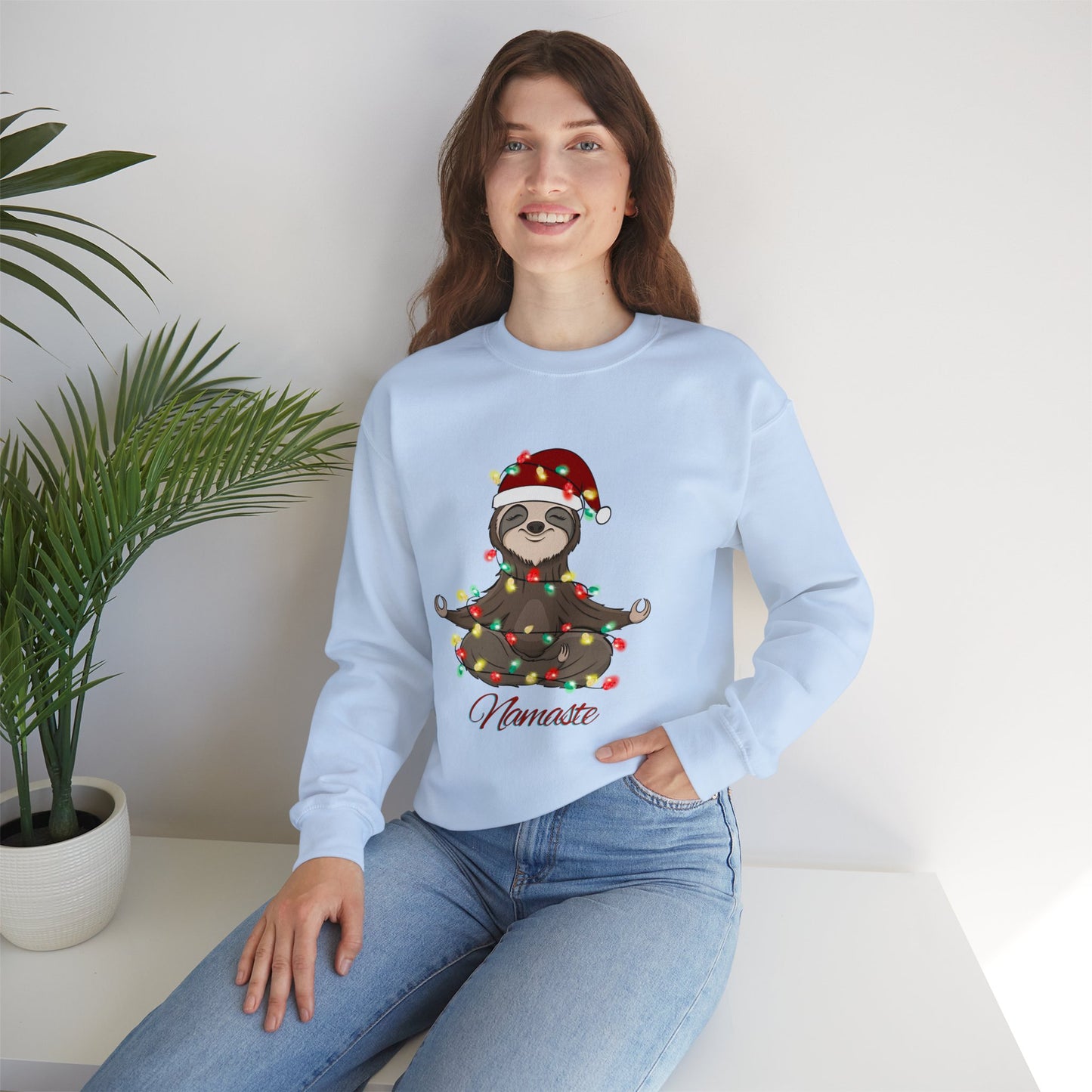 Christmas Sloth Lights Namaste Crewneck Sweatshirt