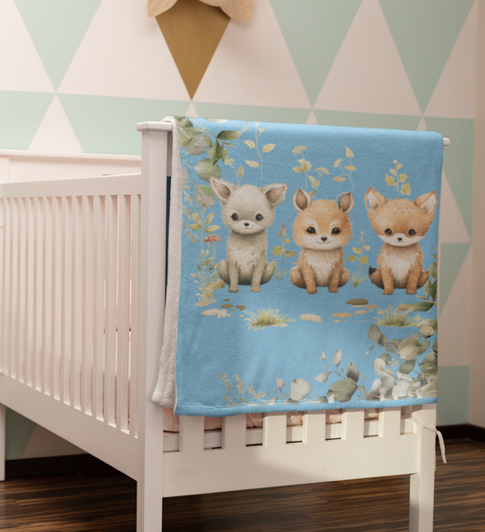 Blue Woodland animals Cute Velveteen Minky Blanket