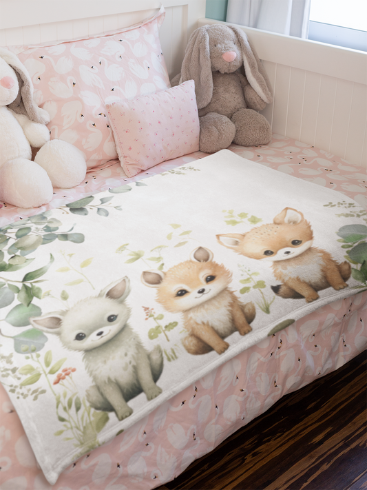 White Baby Blanket Woodland animals Cute Velveteen Minky Blanket